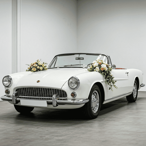 White vintage convertible decorated for a wedding