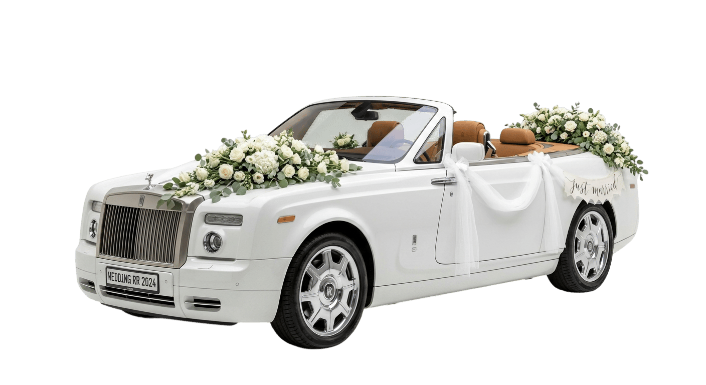 White vintage convertible decorated for a wedding